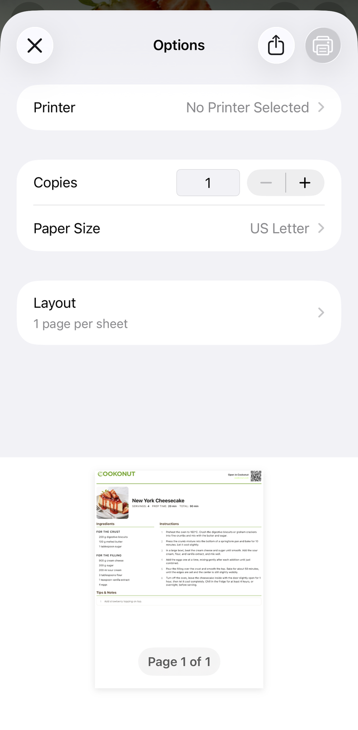 Print dialog showing a recipe preview with printer selection and settings