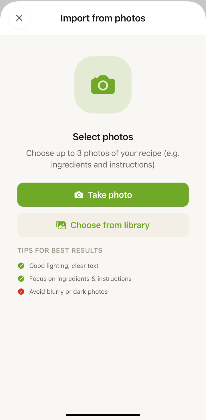 The photo import screen with 'Take Photo' and 'Choose from Library' options