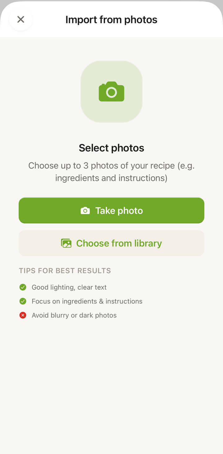 The photo import screen on Android showing 'Take Photo' and 'Choose from Gallery' options