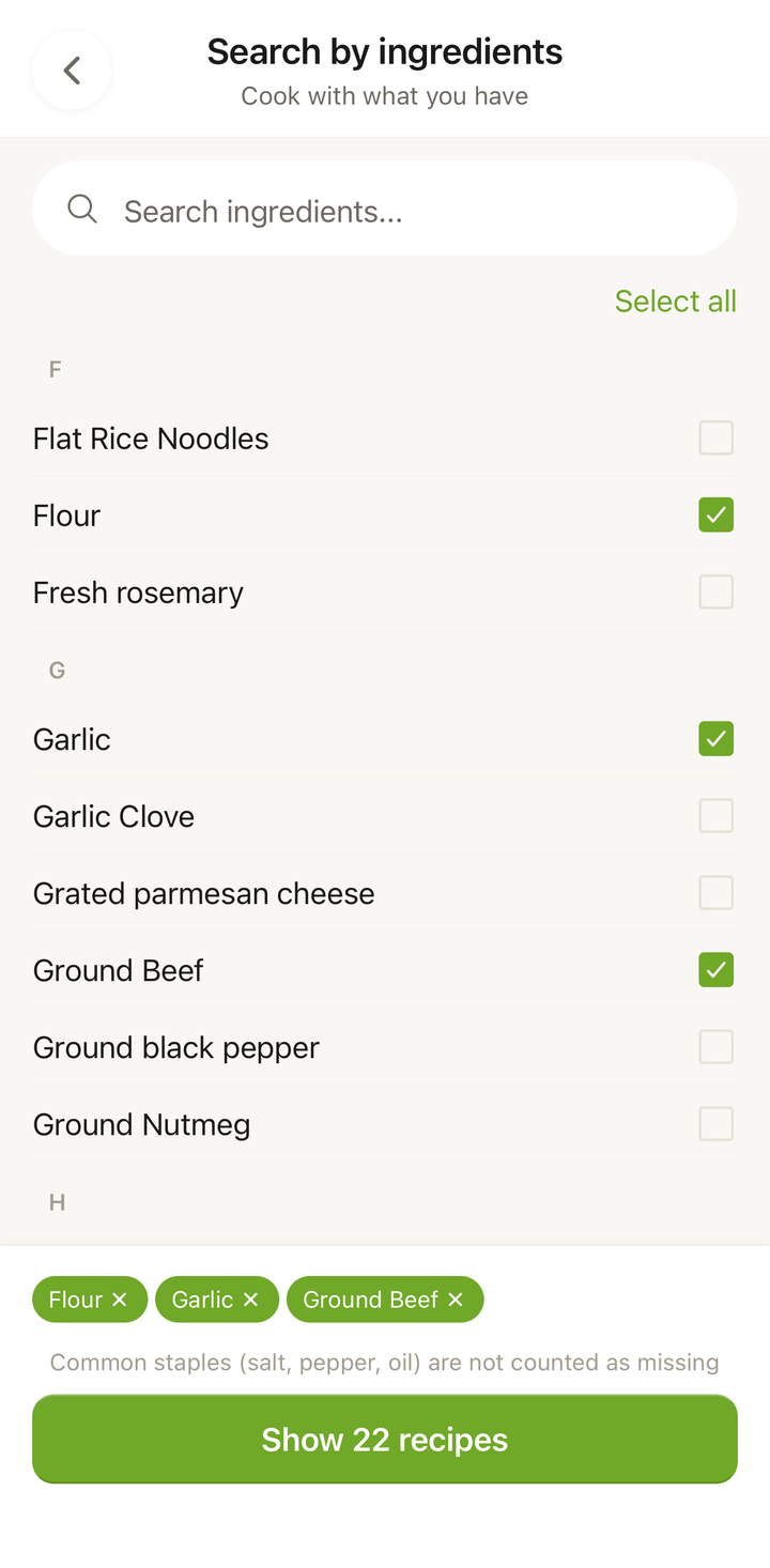 The ingredient picker with three ingredients selected and the 'Find recipes' button
