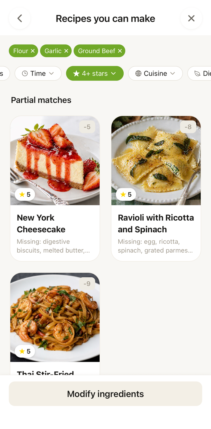 Filtered search results combining an ingredient search with meal type filter
