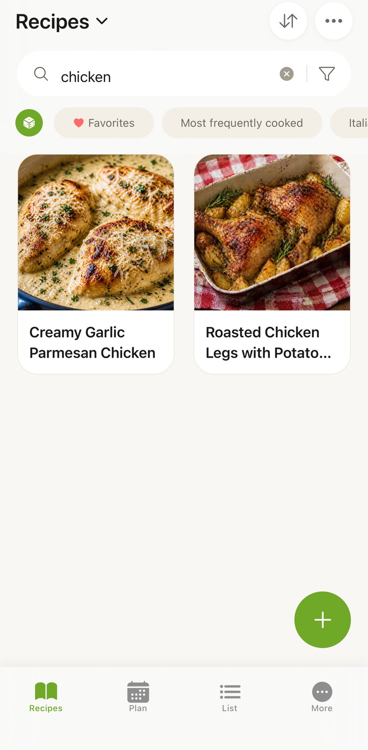 Search bar with 'chicken' typed and matching recipes shown below