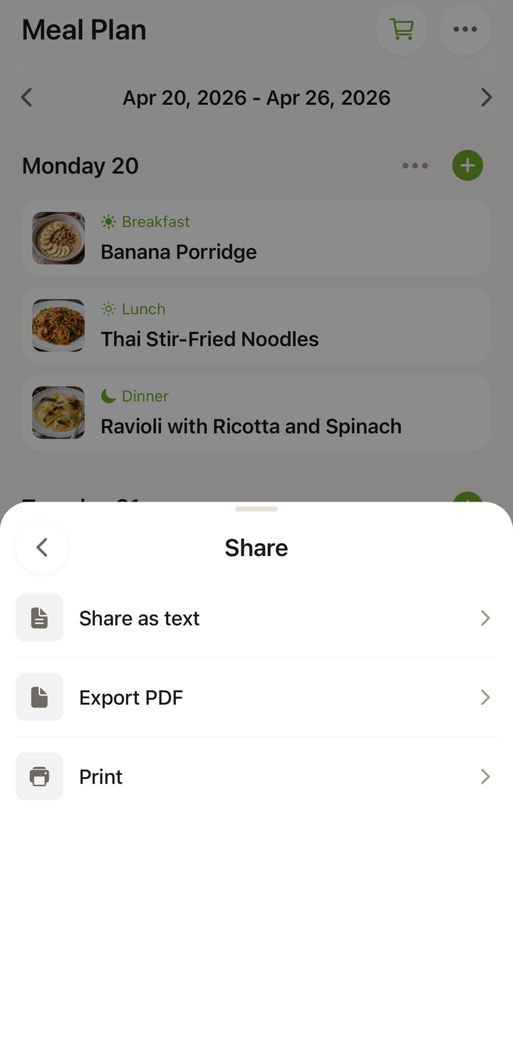 Manage week sheet with Share as text, Export PDF, and Print options