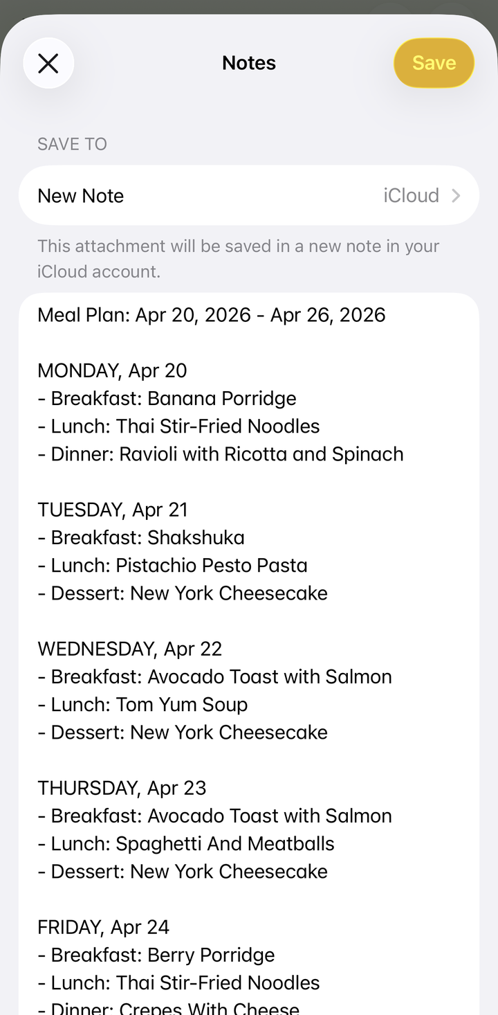 Meal plan exported as clean text, ready to share or save