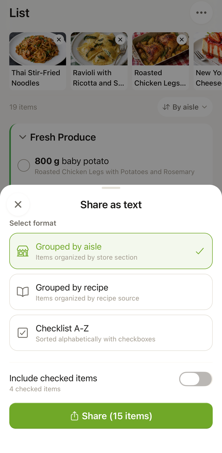 The Share List format chooser with Grouped by aisle, Grouped by recipe, and Checklist A-Z options