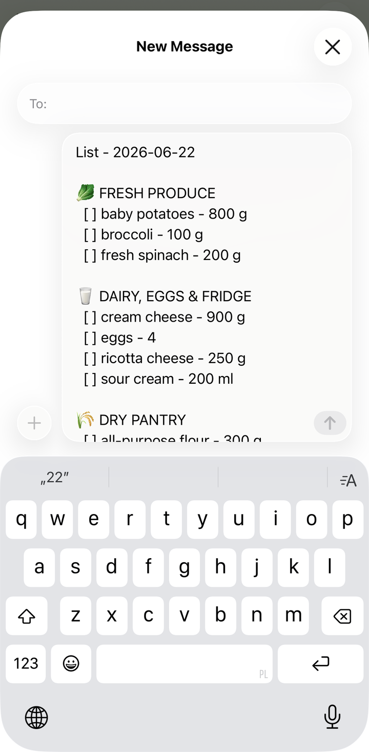 A grocery list shared via text message, showing the clean formatted list