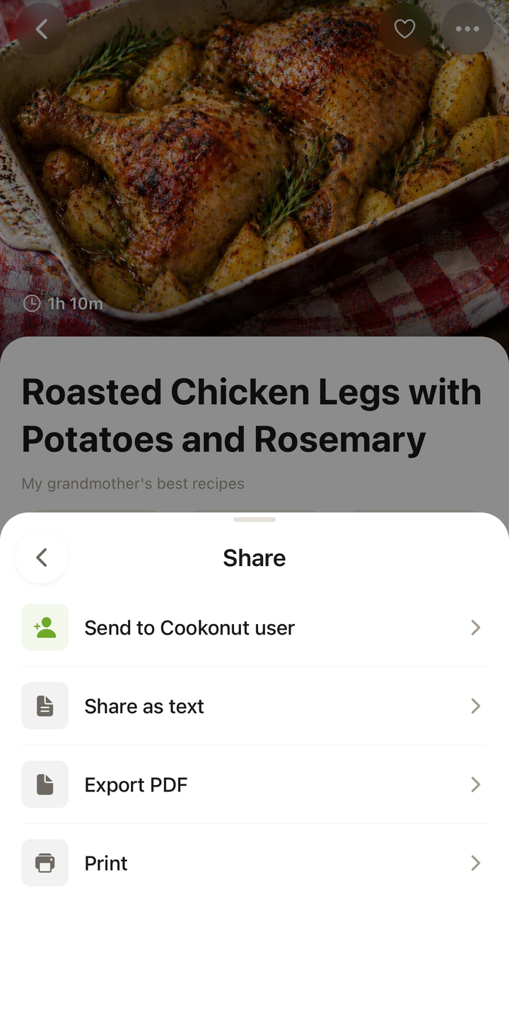 Share options showing different apps and methods to share a recipe