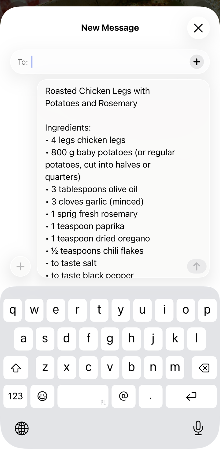 A recipe shared via text message showing the clean formatted recipe