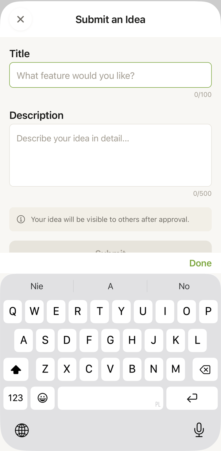 The Submit an Idea screen with Title and Description fields and a Submit button