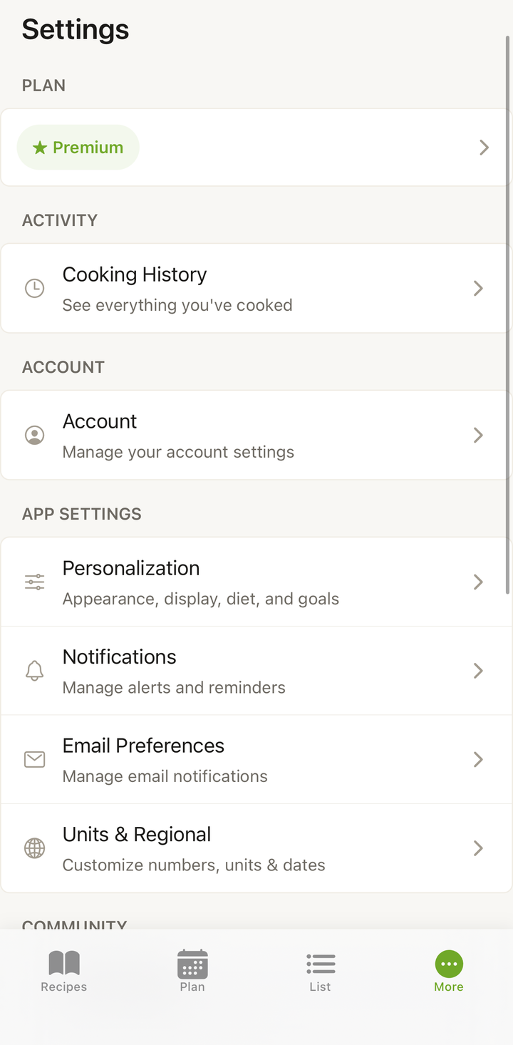 Settings → Account screen showing subscription status