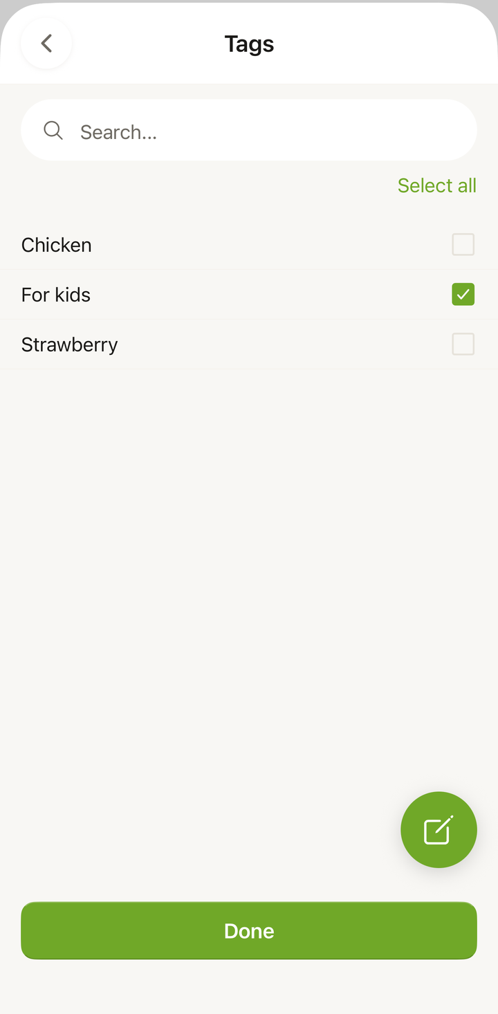 Tag picker showing existing tags to toggle and the field to create new ones