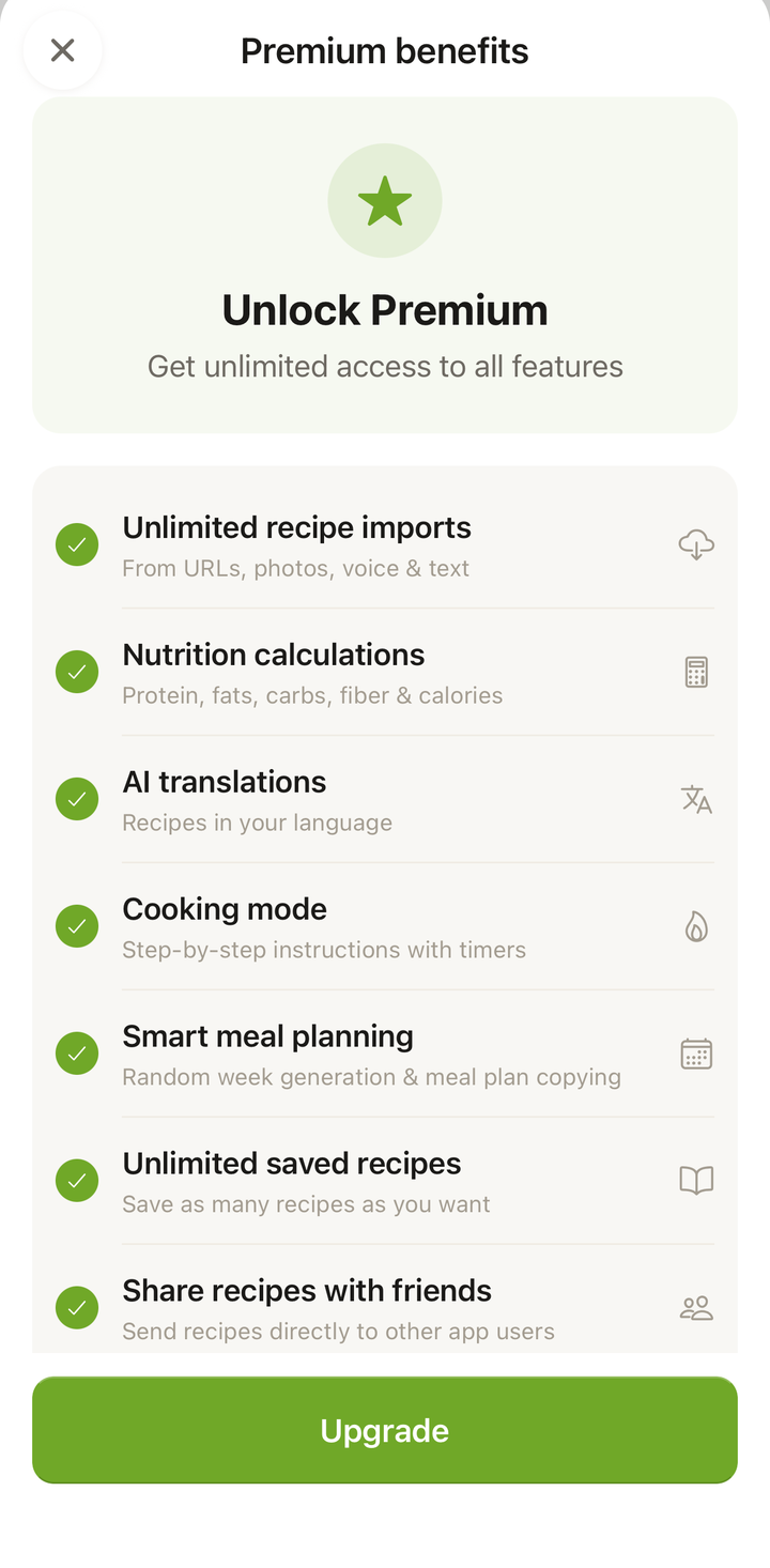 Premium benefits screen showing everything included with Cookonut Premium