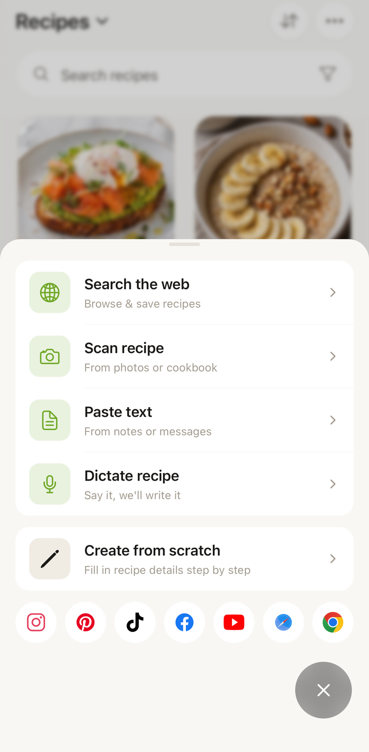 The import menu showing the ways to add a recipe
