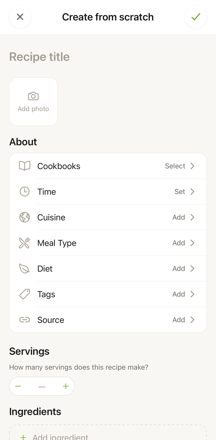 The manual recipe editor showing empty fields for title, ingredients, steps, and more