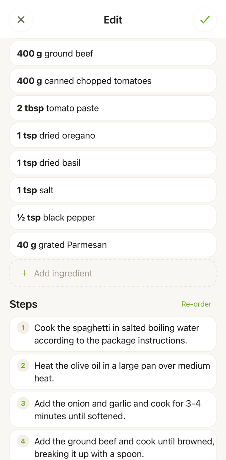 Recipe editor with several ingredients and steps filled in